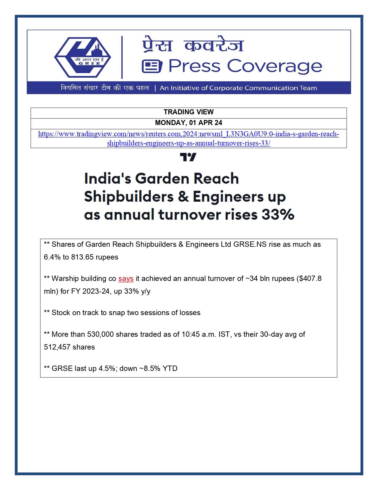 Press Coverage : Trading View, 01 Apr 24 : Garden Reach Shipbuilders & Engineers annual turnover rises up to 33%